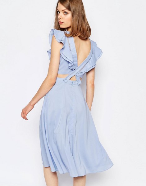 blue ruffle sleeve low back two-piece dress