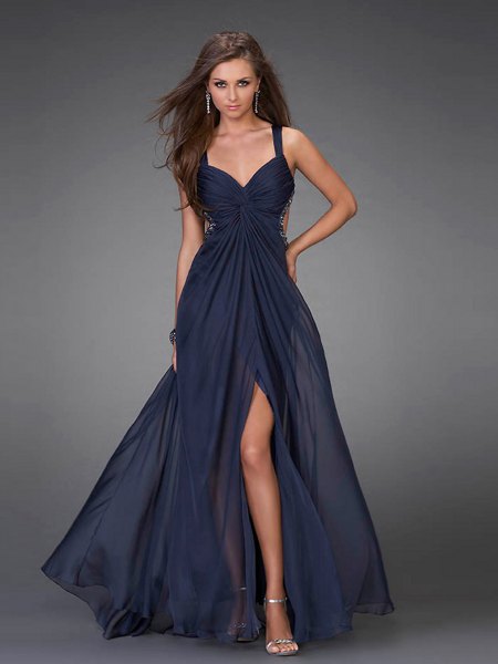 dark blue sweetheart neckline high split flare maxi dress
