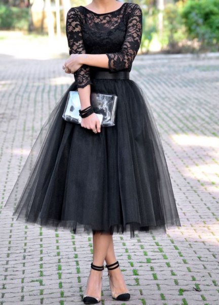two toned black tulle dress semi sheer lace top