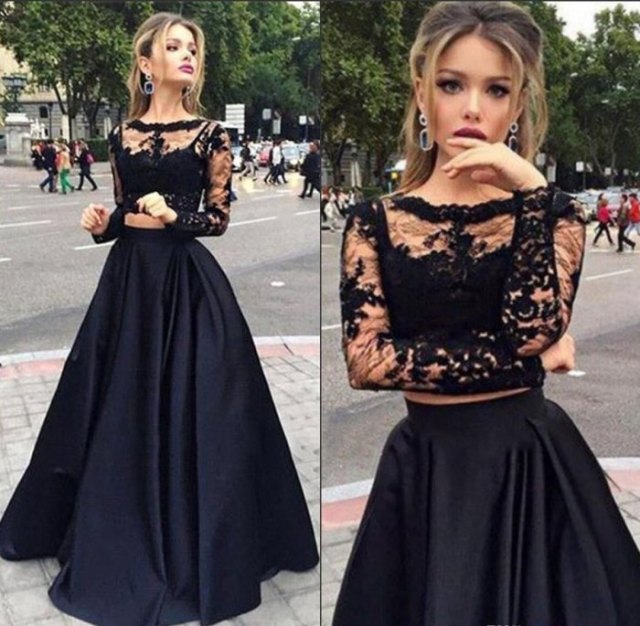 two-piece lace and satin maxi tulle dress