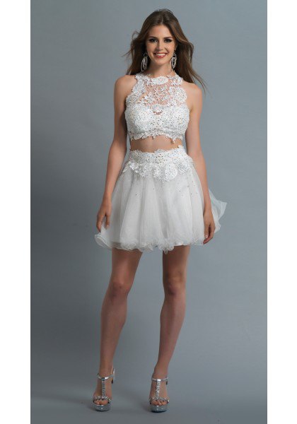 white two-piece tulle dress lace halter top