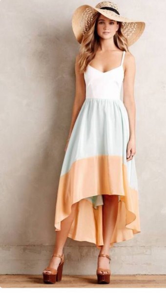 white gray peach color block dress