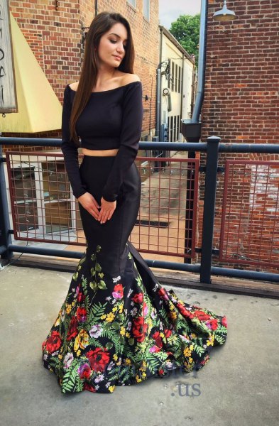 long sleeved black floral flowing dress