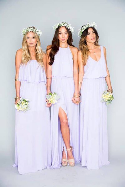 Bright purple gathered bridesmaid waist dress