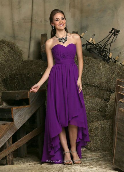 purple strapless high dress with low chiffon