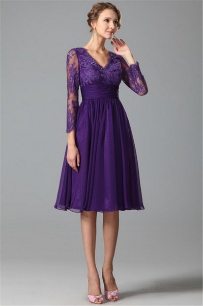 purple chiffon knee length dress lace sleeves