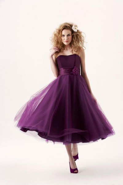 dark purple strapless chiffon tulle bridal gown
