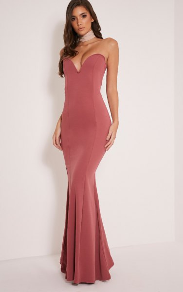 pink strapless deep v-neck maxi fishtail dress