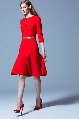 three quarter red fit and flare belt dress