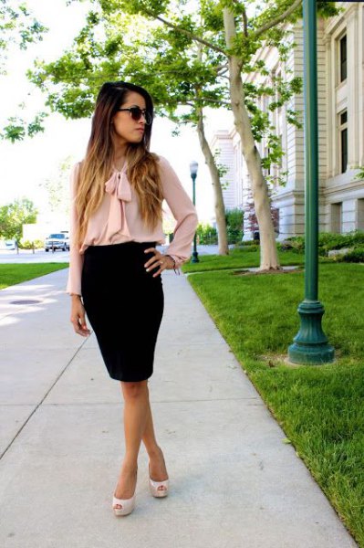 Blue black pencil skirt with pink pencil