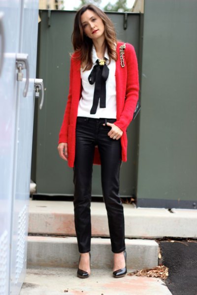 white shirt red knitted cardigan black leather leggings
