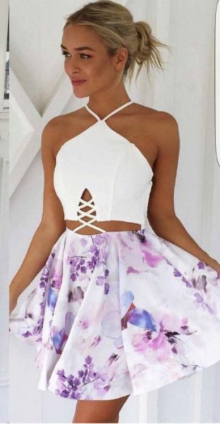two-piece dress white halter top white floral mini skirt