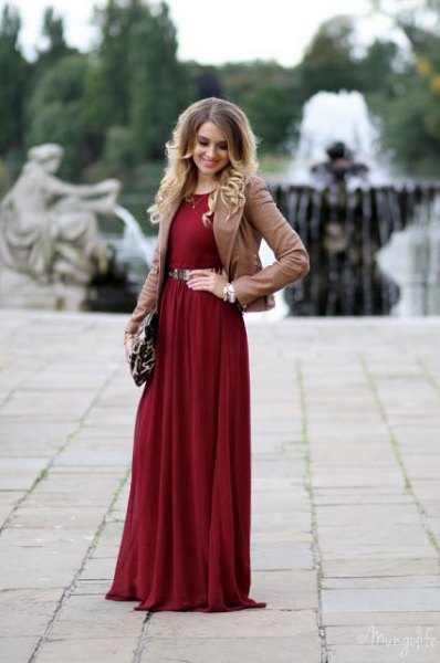 burgundy belt maxi dress camel blazer