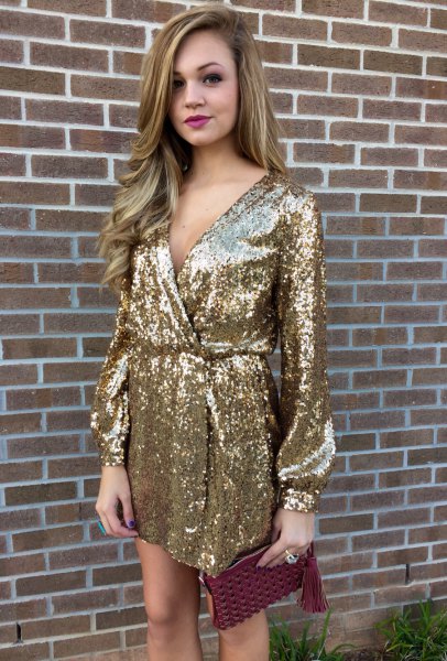 gold dress with long-sleeved sequin