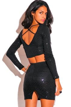 black sequin cropped top matching mini dress