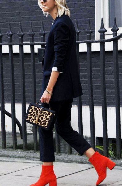 red boots navy suit cheetah handbag