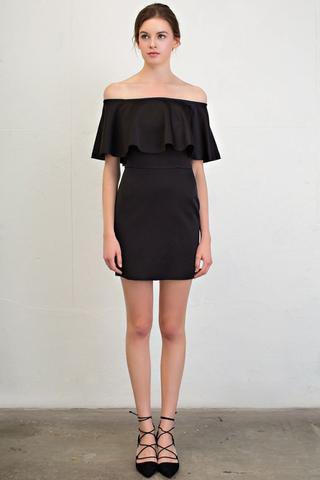 black off shoulder ruffle mini dress