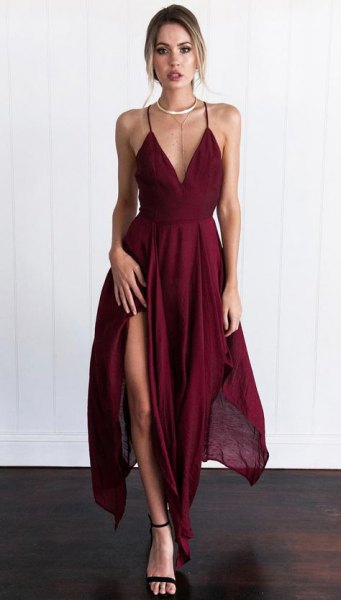 burgundy deep v-neck high split maxi dress