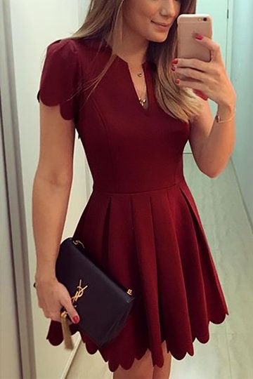 red v-neck pleated flare dress
