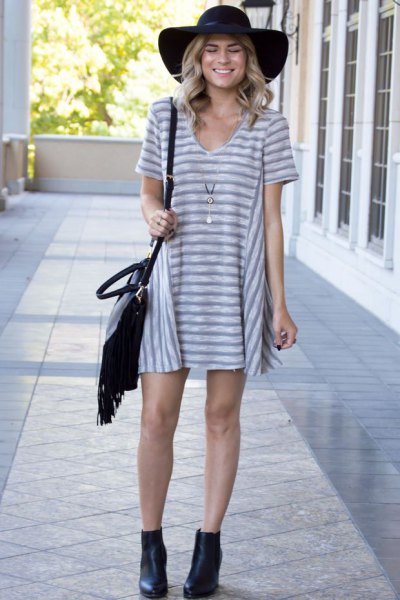 gray and white striped v-neck t-shirt dress