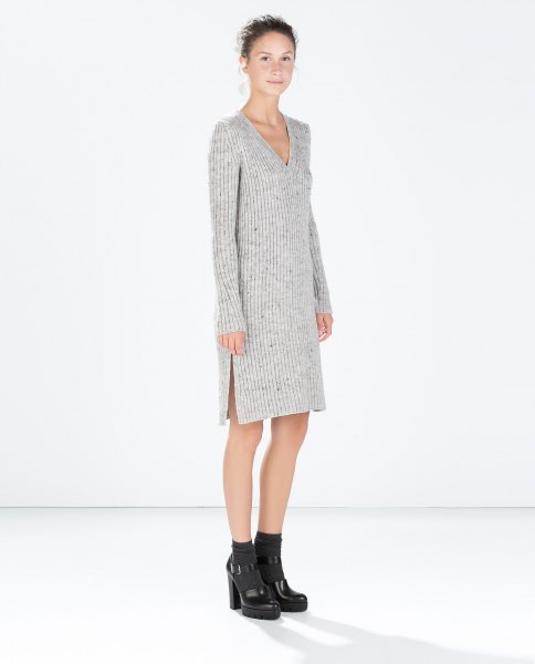 gray v-neck knit sweater dress