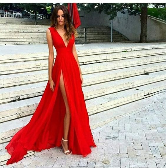 red deep v-neck high split flowing dress