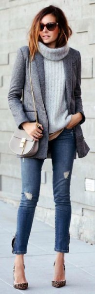 gray turtleneck cable knit sweater
