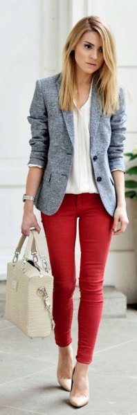heather gray blazer red skinny jeans