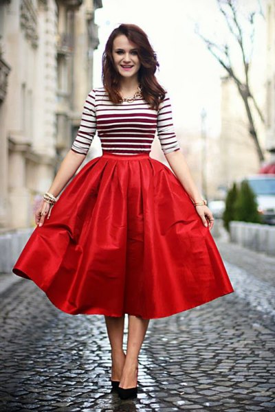 white and black striped top red midi flare skirt