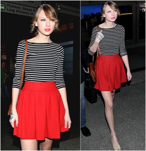black and white striped halter tee red flare skirt