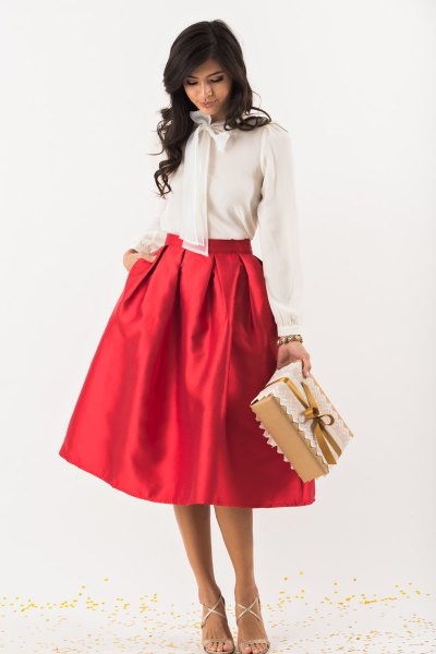 white bow chiffon blouse red midi flare skirt