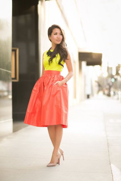 yellow top high waist red flare skirt