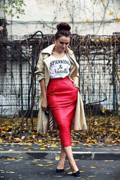 red midi leather skirt beige trench coat