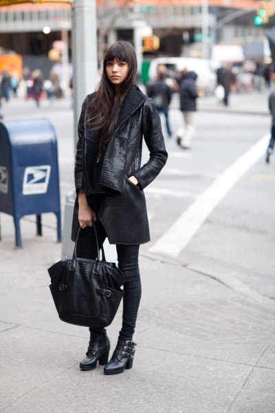 long leather jacket black skinny jeans ankle boots
