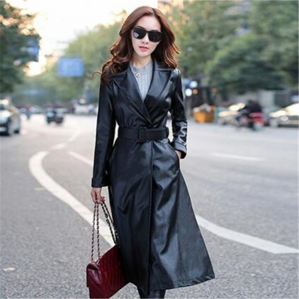 belt black leather trench coat gray knitted sweater