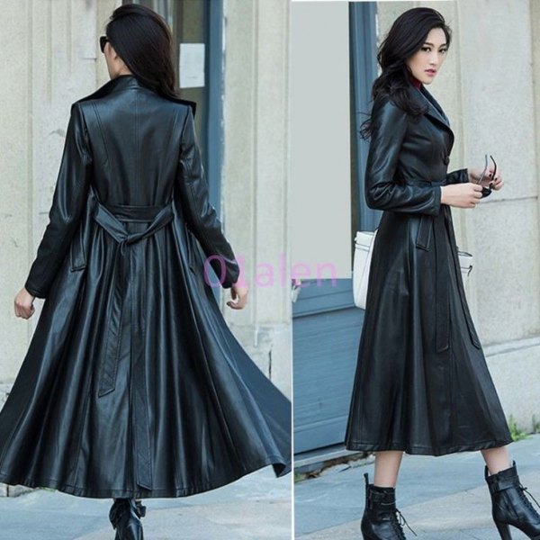 fur collar maxi leather trench coat