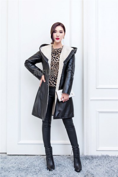 hood black long leather jacket cheetah top