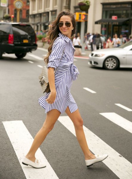 white loafers navy and white wrap dress