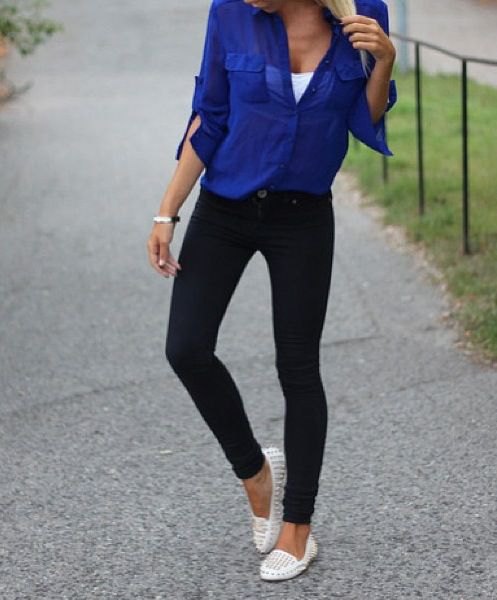 double white loafers royal blue shirt black skinny jeans