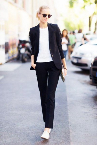 white t-shirt loafers black suit