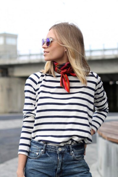 red skinny scarf black and white striped tee