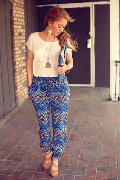 blue printed trousers boho long necklace