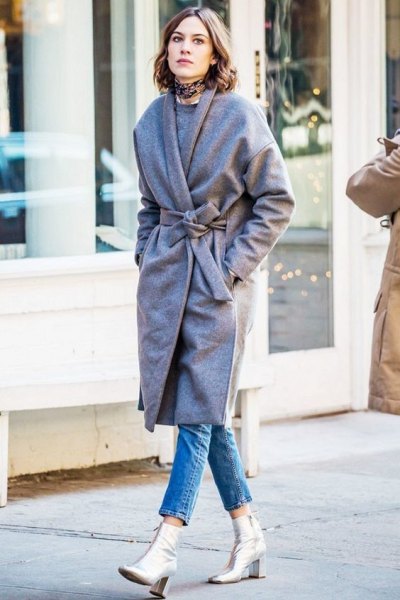 gray belt coat with silver leather ankle boots
