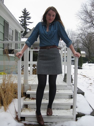 denim shirt gray mini skirt