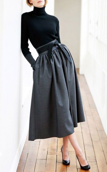 black top gray midi skirt with high neck