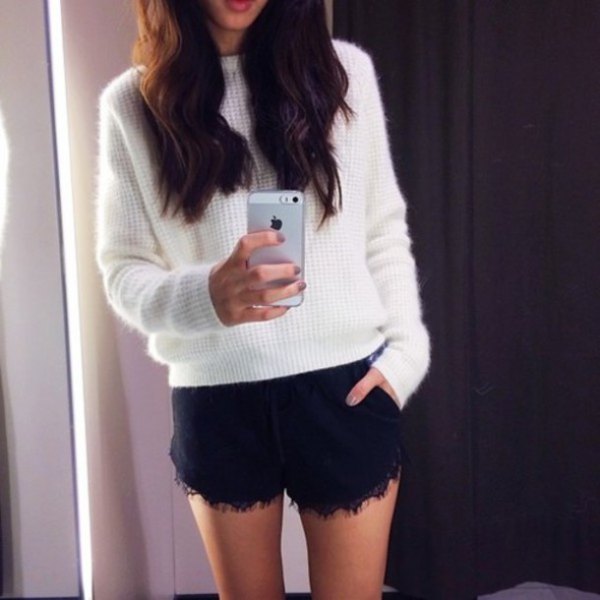 white knitted sweater black lace shorts