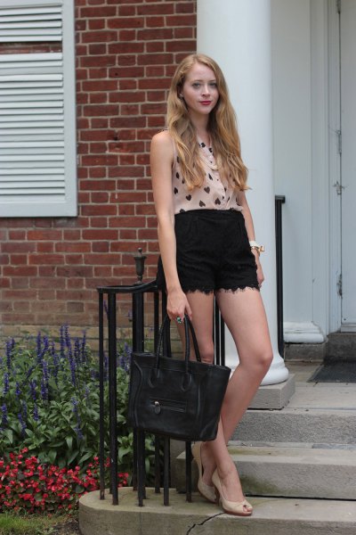 black lace shorts pink heart printed blouse