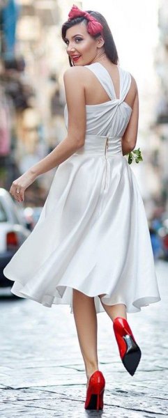 white fit and flare midi silk dress