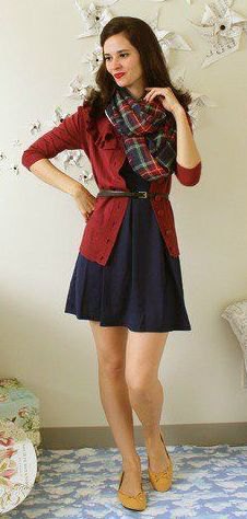 red cardigan navy blue fit and flare dress