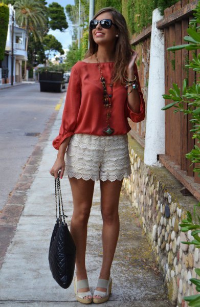 red blouse white sandals outfit